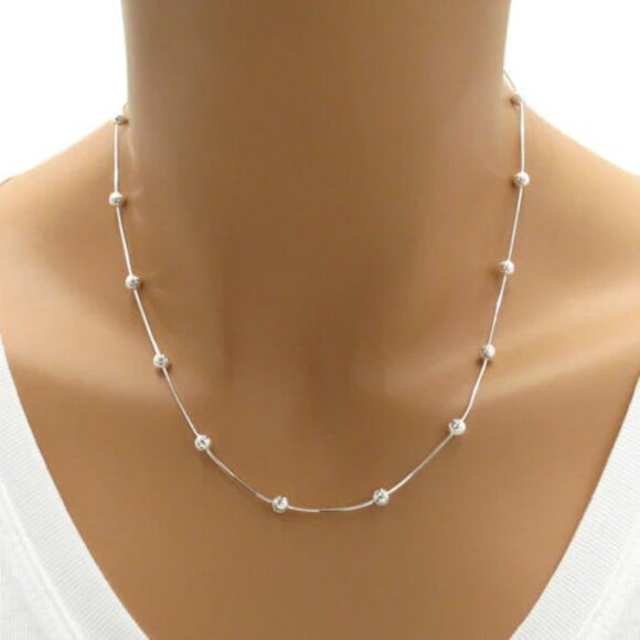 DAZZLING STERLING SILVER DIAMOND CUT SNAKE CHAIN NECKLACE WITH LASER CUT BEADS - Picture 2 of 2
